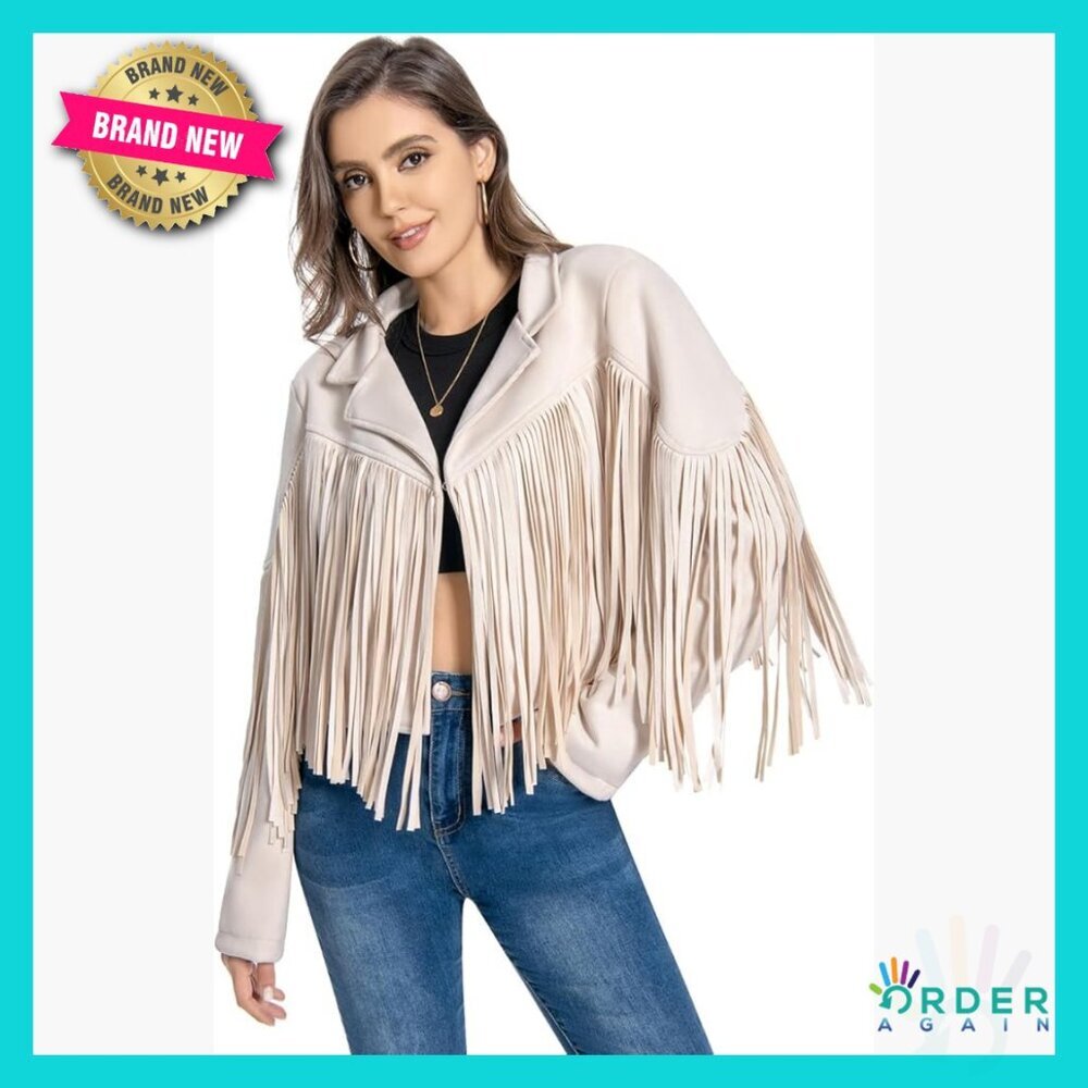Faux Leather Fringe Jacket Western Cowgirl Crop Moto Top Tassel Design - Picture 1 of 5